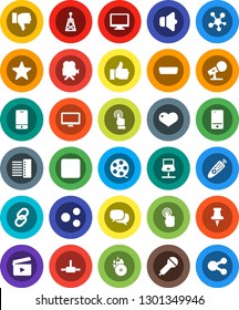 White Solid Icon Set- cinema clap vector, film spool, music hit, microphone, antenna, speaker, video camera, remote control, mobile phone, touchscreen, dialog, monitor, social media, link, finger up