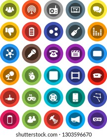 White Solid Icon Set- cinema clap vector, film frame, spool, music hit, microphone, radio, antenna, satellitie, loudspeaker, gamepad, equalizer, tv, video camera, mobile phone, dialog, classic, mail