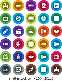 White Solid Icon Set- cinema clap vector, film spool, tv, gamepad, video camera, remote control, play button, pause, stop, rec, hdmi, web, projector