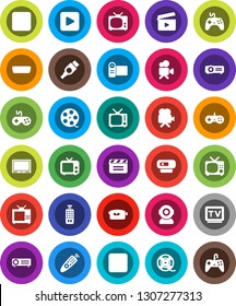 White Solid Icon Set- cinema clap vector, film spool, tv, gamepad, video camera, remote control, play button, pause, rec, hdmi, web, projector