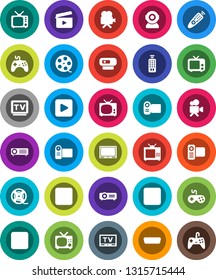 White Solid Icon Set- cinema clap vector, film spool, tv, gamepad, video camera, remote control, play button, pause, stop, rec, hdmi, web, projector