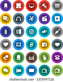 White Solid Icon Set- cinema clap vector, film frame, camera, microphone, satellitie, loudspeaker, tv, equalizer, remote control, internet, mobile phone, touchscreen, dialog, headphones, monitor