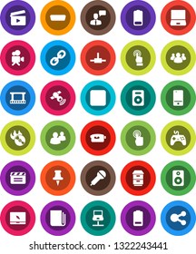 White Solid Icon Set- cinema clap vector, film frame, music hit, microphone, satellitie, newspaper, gamepad, video camera, mobile phone, touchscreen, speaking man, notebook pc, link, speaker, group
