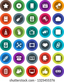 White Solid Icon Set- cinema clap vector, film frame, disk, microphone, antenna, satellitie, loudspeaker, tv, video camera, remote control, mobile phone, touchscreen, monitor, classic, link, speaker