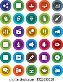White Solid Icon Set- cinema clap vector, disk, music hit, microphone, newspaper, speaker, loudspeaker, settings, tv, video camera, touchscreen, dialog, monitor, link, group, play button, stop, rca