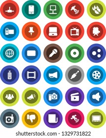 White Solid Icon Set- cinema clap vector, film frame, spool, disk, music hit, microphone, radio, satellitie, newspaper, speaker, loudspeaker, video camera, remote control, internet, mobile phone, tv