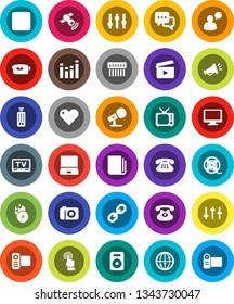 White Solid Icon Set- cinema clap vector, film spool, music hit, microphone, satellitie, newspaper, tv, settings, equalizer, video camera, remote control, internet, touchscreen, dialog, speaking man