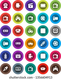 White Solid Icon Set- cinema clap vector, film spool, tv, gamepad, video camera, remote control, pause button, stop, hdmi, web, projector