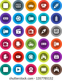 White Solid Icon Set- cinema clap vector, film spool, gamepad, tv, video camera, remote control, play button, pause, stop, rec, hdmi, web, projector