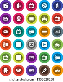 White Solid Icon Set- cinema clap vector, film spool, tv, gamepad, video camera, remote control, play button, pause, rec, hdmi, web, projector