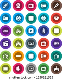White Solid Icon Set- cinema clap vector, film spool, tv, gamepad, video camera, remote control, play button, pause, stop, rec, hdmi, web, projector