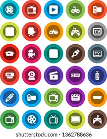 White Solid Icon Set- cinema clap vector, film spool, tv, gamepad, video camera, remote control, play button, stop, rec, hdmi, web, projector