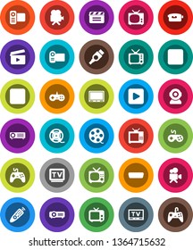 White Solid Icon Set- cinema clap vector, film spool, tv, gamepad, video camera, remote control, play button, stop, rec, hdmi, web, projector