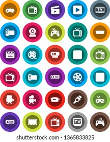 White Solid Icon Set- cinema clap vector, film spool, tv, gamepad, video camera, play button, pause, stop, hdmi, web, projector