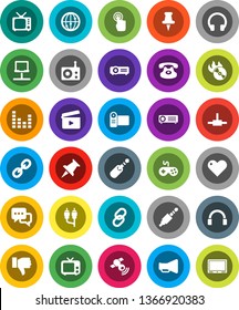 White Solid Icon Set- cinema clap vector, music hit, radio, satellitie, loudspeaker, tv, gamepad, equalizer, internet, touchscreen, dialog, headphones, classic phone, link, finger down, heart, rca