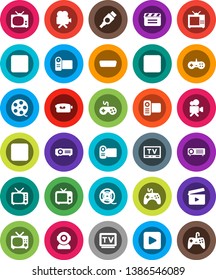 White Solid Icon Set- cinema clap vector, film spool, tv, gamepad, video camera, play button, pause, stop, rec, hdmi, web, projector