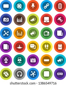 White Solid Icon Set- cinema clap vector, film spool, music hit, satellitie, newspaper, loudspeaker, tv, equalizer, microphone, dialog, headphones, notebook pc, social media, link, thumbtack, mail