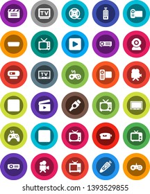 White Solid Icon Set- cinema clap vector, film spool, tv, gamepad, video camera, remote control, play button, pause, rec, hdmi, web, projector