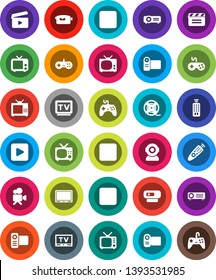 White Solid Icon Set- cinema clap vector, film spool, tv, gamepad, video camera, remote control, play button, pause, stop, rec, web, projector