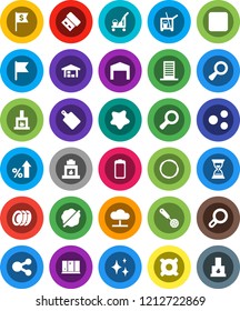 White Solid Icon Set- cleaner trolley vector, shining, splotch, plates, window, skimmer, cutting board, flag, magnifier, percent growth, sand clock, dollar, any currency, hoop, battery, share, barn