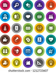 White Solid Icon Set- cleaner trolley vector, vacuum, scoop, water closet, plates, potato, corner ruler, hierarchy, heart pulse, buttocks, support, cargo, music hit, antenna, magnifier, browser