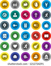 White Solid Icon Set- cleaner trolley vector, clothespin, splotch, grater, jug, fitball, muscule hand, shorts, run, signpost, client, satellitie, heart, pregnancy, bench, key, cottage, fruit tree