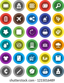 White Solid Icon Set- cleaner trolley vector, towel, window cleaning, splotch, plates, knife, hand mill, magnifier, cent sign, scales, t shirt, hoop, plane, ship, battery, backward button, share, tv