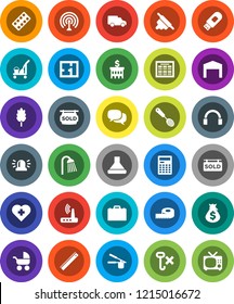 White Solid Icon Set- cleaner trolley vector, shower, cook press, skimmer, rolling pin, cereal, ruler, case, calculator, schedule, money bag, bank building, measuring, heart cross, car, no hook, tv