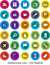 White Solid Icon Set- cleaner trolley vector, towel, shining, plates, window, skimmer, knife, school building, flag, magnifier, sand clock, dollar, scales, water bottle, plane, ship, truck trailer