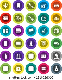 White Solid Icon Set- cleaner trolley vector, window cleaning, plates, shining, towel, skimmer, school building, bus, flag, dollar, any currency, water bottle, hoop, tv, battery, stop button, rec
