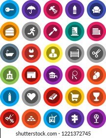White Solid Icon Set- cleaner trolley vector, bath, meat hammer, cake, gold ingot, manager, jump rope, punching bag, shorts, swimsuite, water bottle, run, signpost, glass, umbrella, satellitie, key