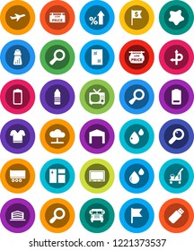 White Solid Icon Set- cleaner trolley vector, window cleaning, splotch, hand mill, school bus, flag, magnifier, percent growth, dollar, t shirt, water bottle, route, plane, truck trailer, battery