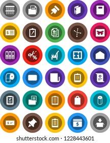 White Solid Icon Set- cleaner trolley vector, toilet paper, copybook, clipboard, pin, certificate, constellation, exam, receipt, binder, dollar calendar, document, newspaper, mail, plan, estate