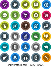 White Solid Icon Set- cleaner trolley vector, foam basin, rubber glove, house hold, hand mill, chicken leg, dollar coin, investment, trainer, muscule, boxing, traking, cargo, touchscreen, crutches