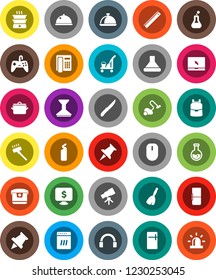 White Solid Icon Set- cleaner trolley vector, broom, vacuum, car fetlock, cleaning agent, pan, knife, dish, ruler, backpack, telescope, paper pin, flask, monitor dollar, headphones, notebook pc
