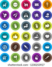 White Solid Icon Set- cleaner trolley vector, foam basin, rubber glove, house hold, mixer, blender, chicken leg, dollar coin, investment, hand trainer, muscule, boxing, cargo, touchscreen, finger up