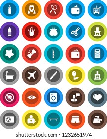 White Solid Icon Set- cleaner trolley vector, clothespin, splotch, bath, woman, apron, knife, grater, toaster, scissors, wallet, jump rope, punching bag, shorts, skateboard, water bottle, plane, eye