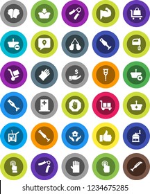 White Solid Icon Set- cleaner trolley vector, rubber glove, house hold, hand mill, mixer, blender, investment, trainer, muscule, boxing, traking, cargo, touchscreen, finger up, crutches, stop