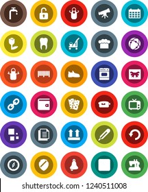 White Solid Icon Set- cleaner trolley vector, cook hat, apron, telescope, bell, compass, wallet, calendar, snickers, breads, document, top sign, tulip, tv, video camera, link, stop button, tooth