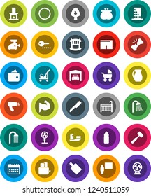 White Solid Icon Set- cleaner trolley vector, shower, knife, meat hammer, cutting board, toaster, jug, blackboard, calendar, muscule hand, shorts, water bottle, hoop, ship, broken bone, fruit tree