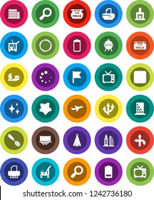 White Solid Icon Set- cleaner trolley vector, shining, splotch, towel, skimmer, bbq, flag, magnifier, hoop, route, plane, ship, truck trailer, tv, battery, rec button, loading, arrow, apartments