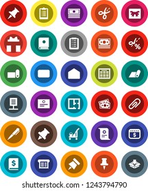White Solid Icon Set- cleaner trolley vector, pen, schedule, paper pin, certificate, cash, annual report, dollar calendar, clipboard, fitness mat, money, thumbtack, mail, network document, plan