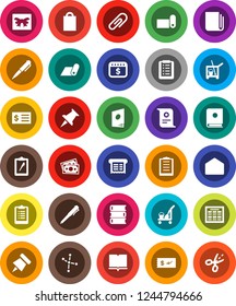 White Solid Icon Set- cleaner trolley vector, book, pen, schedule, paper pin, certificate, constellation, receipt, dollar calendar, clipboard, fitness mat, money, newspaper, thumbtack, mail, gift