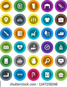 White Solid Icon Set- cleaner trolley vector, trash bin, jug, steak, corner ruler, crisis, case, investment, bank building, measuring, bike, skateboard, pool, settings, mobile phone, heart pulse