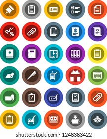 White Solid Icon Set- cleaner trolley vector, copybook, pen, schedule, clipboard, paper pin, certificate, document, exam, check, receipt, binder, fitness mat, money, attachment, plan, gift, catalog