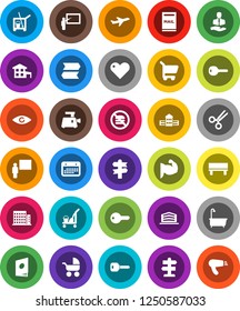 White Solid Icon Set- cleaner trolley vector, bath, school building, blackboard, muscule hand, no fastfood, signpost, plane, client, calendar, heart, eye, scissors, bench, key, cottage, mailbox
