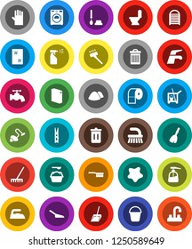 White Solid Icon Set- cleaner trolley vector, broom, water tap, vacuum, fetlock, scoop, rake, bucket, clothespin, trash bin, window cleaning, splotch, iron, toilet, brush, washer, washing powder