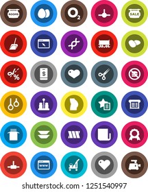 White Solid Icon Set- cleaner trolley vector, scoop, spices, plates, egg, pasta, potato, medal, buttocks, no fastfood, gymnast rings, oxygen, Railway carriage, newspaper, heart, dna, scissors, rooms