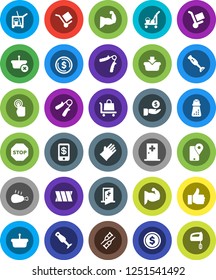 White Solid Icon Set- cleaner trolley vector, rubber glove, hand mill, blender, chicken leg, dollar coin, investment, trainer, muscule, traking, cargo, touchscreen, finger up, crutches, bandage