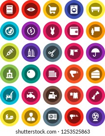 White Solid Icon Set- cleaner trolley vector, water tap, drying clothes, cake, blackboard, exchange, wallet, manager, fitball, swimsuite, ship, umbrella, eye, pregnancy, syringe, scissors, bench